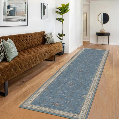Hazo Haus Non-Slip 10ft Hallway Runner Rug - Washable & Waterproof Blue 2x10 Kitchen Mat | Modern Boho Design