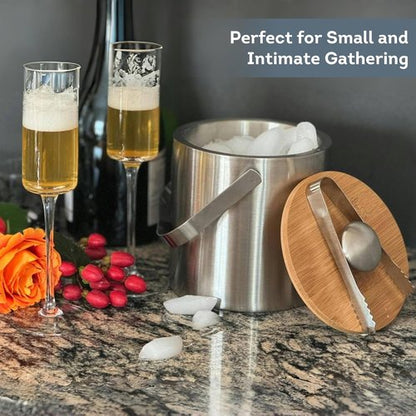 Lily's Home Double Wall Insulated Small Ice Bucket with Bamboo Lid - Stainless Steel Ice Holder with Tongs and Strainer, Ideal for Parties,Camping,Kitchen, Tiki Bar, Cocktail Bar, Portable & Mini,1.3L