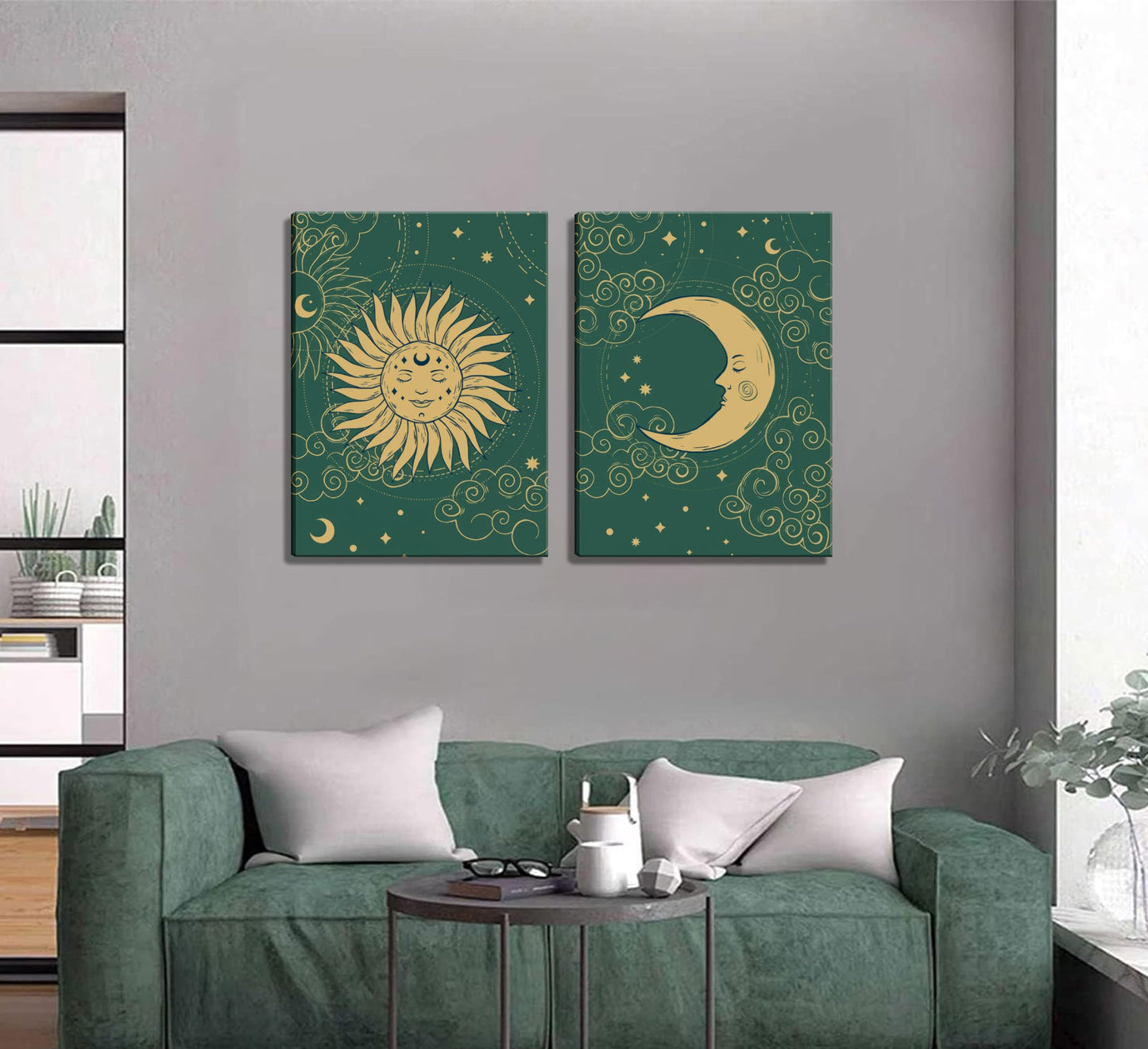 2pcs Fantastic Celestial Sun and Moon Wall Art Pictures, Astrology Posters Prints, Gold and Green Canvas Paintings, Tarot Cards Bohemian Wall Decor Medieval European Bedroom Decor, Living Room