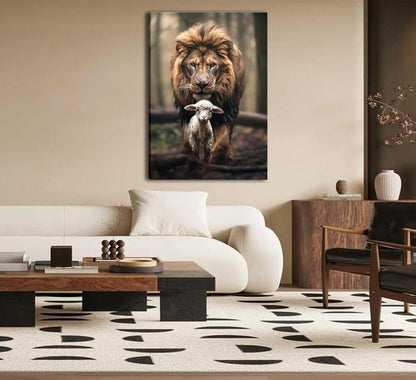 Framed Lion and Lamb Canvas Wall Art - Christian Jesus Lion King Poster for Living Room & Bedroom Decor