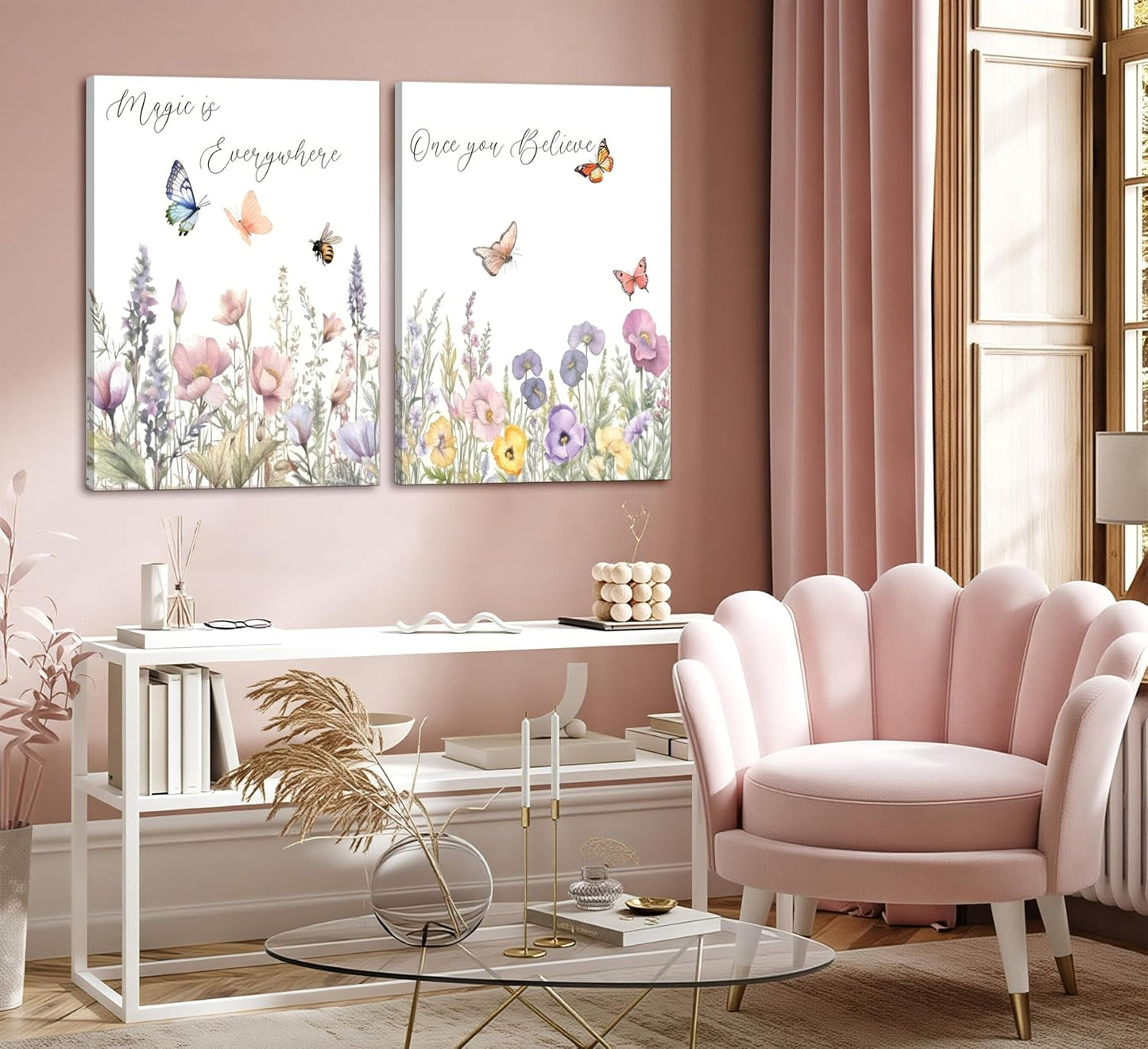 Skiennix Wildflower Nursery Canvas Wall Art - Inspirational Floral Paintings for Baby Room | 2-Piece Set