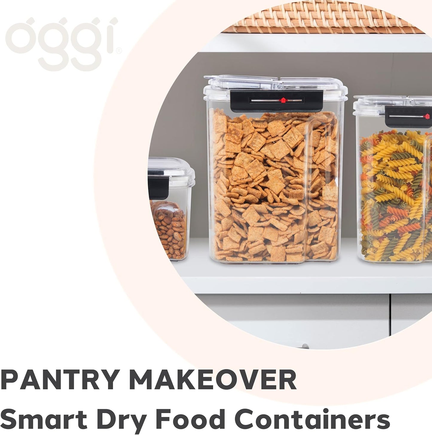 Oggi Easi Grip Moisture Proof Storage Containers, Set of 4, Ultra Clear BPA-Free Sealable Canisters, Pouring Lids, Date Reminder, Ideal Pantry Storage (23, 57, 60, 128 oz / 0.68, 1.7, 1.8, 3.8 lt)