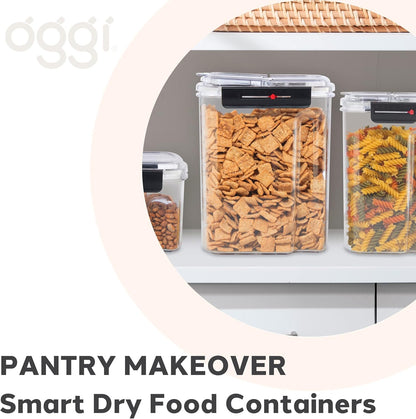 Oggi Easi Grip Moisture Proof Storage Containers, Set of 4, Ultra Clear BPA-Free Sealable Canisters, Pouring Lids, Date Reminder, Ideal Pantry Storage (23, 57, 60, 128 oz / 0.68, 1.7, 1.8, 3.8 lt)