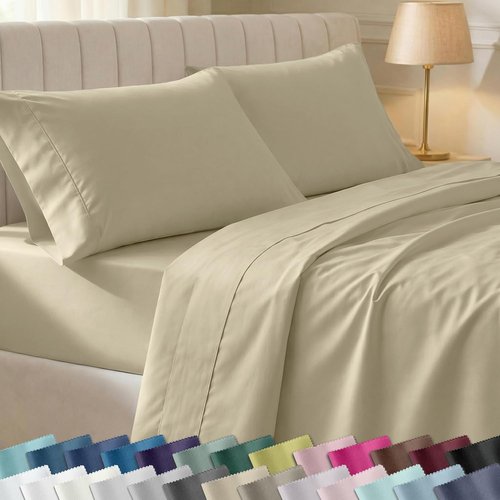 California Design Den 100% Cotton Cal King Bed Sheets Set - Silky Smooth Sateen, 400 TC, Deep Pockets, Beige