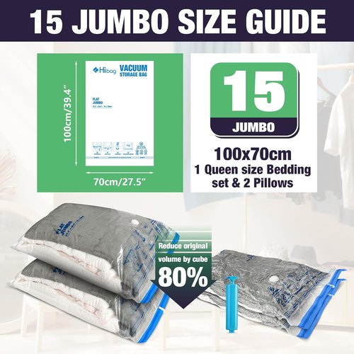 HIBAG 15 Jumbo Vacuum Seal Bags - Space-Saving Storage for Clothes, Comforters & Bedding