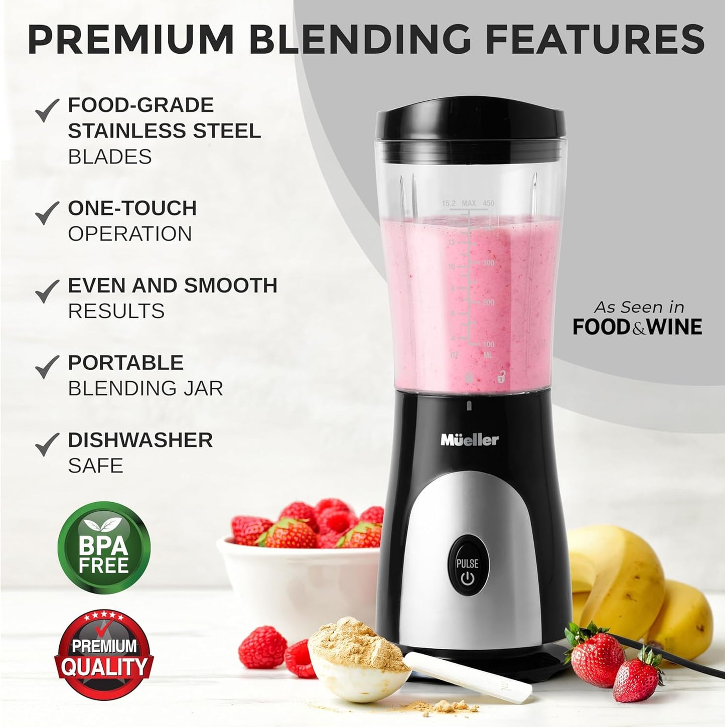 Mueller Smoothie Blender - Personal Blender for Shakes & Frozen Drinks | 15oz Travel Cup, Durable Stainless Steel Blades, Black