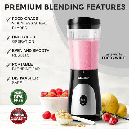 Mueller Smoothie Blender - Personal Blender for Shakes & Frozen Drinks | 15oz Travel Cup, Durable Stainless Steel Blades, Black