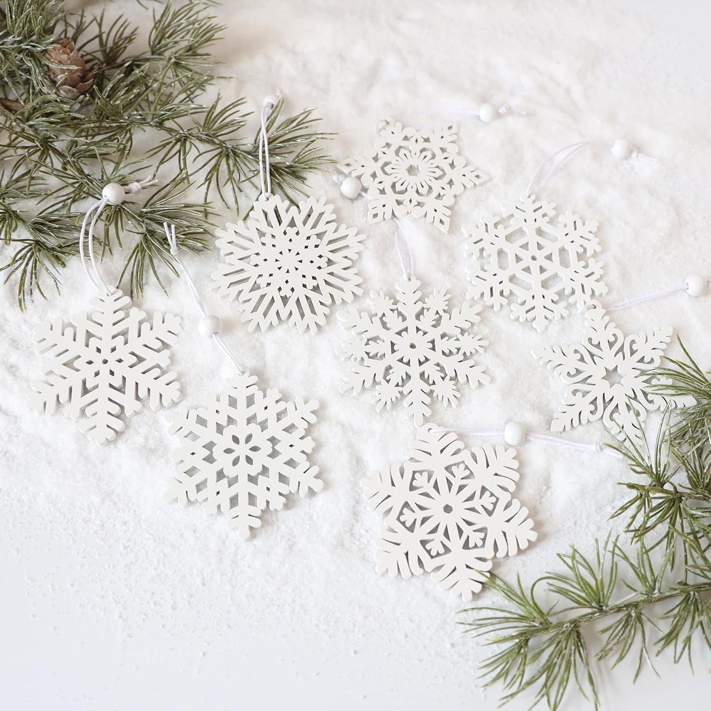 Skiennix 16-Piece White Snowflake Ornaments - 3-Inch Wooden Christmas Decorations for Winter Trees