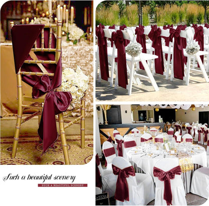 Skiennix 100 PCS Satin Chair Sashes - Burgundy Decorative Ribbon Ties for Weddings & Events | 7 x 108 Inch