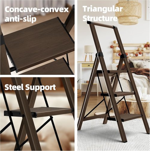 Hillhut Apex 3-Step Foldable Aluminum Step Ladder - Lightweight & Portable with Handgrip, 330lbs Capacity (Walnut)