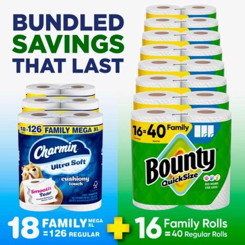 Bounty Quick-Size Paper Towels - 16 Family Rolls | Charmin Ultra Soft Toilet Paper - 18 Mega XL Rolls