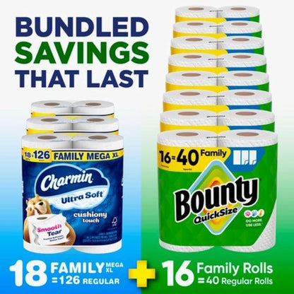 Bounty Quick-Size Paper Towels - 16 Family Rolls | Charmin Ultra Soft Toilet Paper - 18 Mega XL Rolls