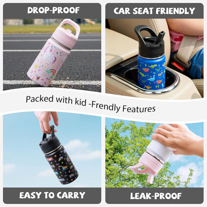 Skiennix Stainless Steel Kids Water Bottle - Insulated, Leak-Proof, BPA-Free | 14 Oz, Black