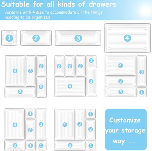 DCA Clear Plastic Drawer Organizer Tray - 25 PCS Bathroom & Kitchen Storage Bins for Makeup, Jewelry, Office