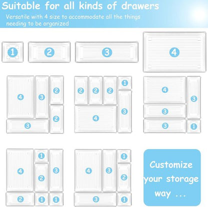 DCA Clear Plastic Drawer Organizer Tray - 25 PCS Bathroom & Kitchen Storage Bins for Makeup, Jewelry, Office