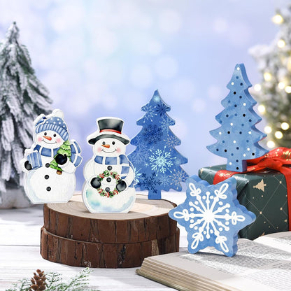 Threehoney Blue Winter Snowman Decor - 5 Pcs Cute Snowflake Table Centerpieces for Home & Office