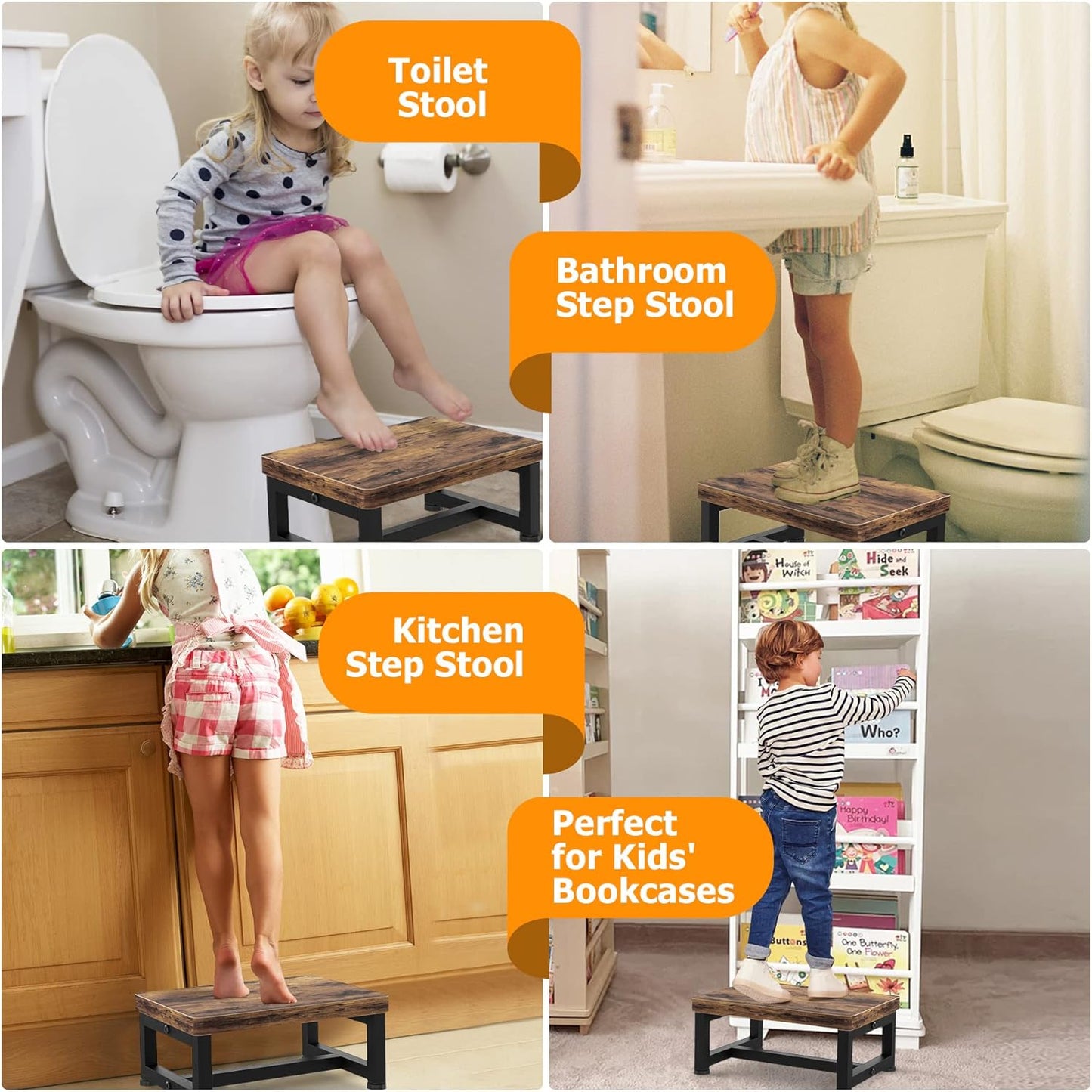 Wooden Step Stool - Heavy Duty Design with Non-Slip Rubber Feet | 500-LBS Capacity, Rustic Brown