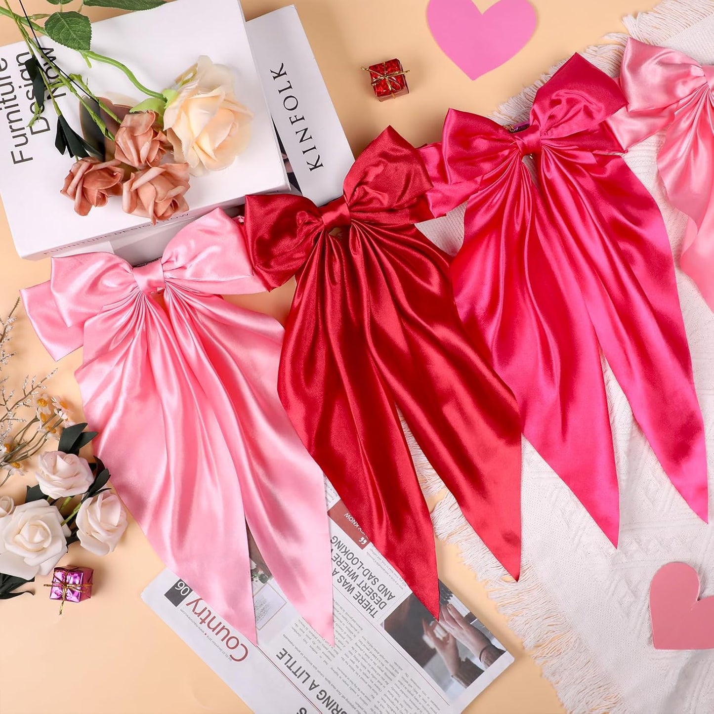 Skiennix Pink Bow Garland Banner - Satin Ribbon Decor for Fireplace | Perfect for Bachelorette, Bridal Shower & Birthday Parties (3 Red)