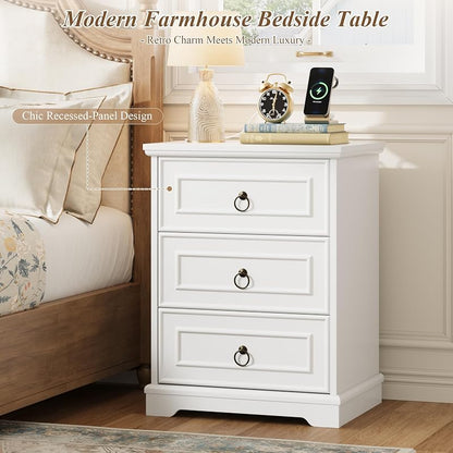 26" Tall Nightstand with Charging Station - White, 3 Drawers (Variation: White+1)