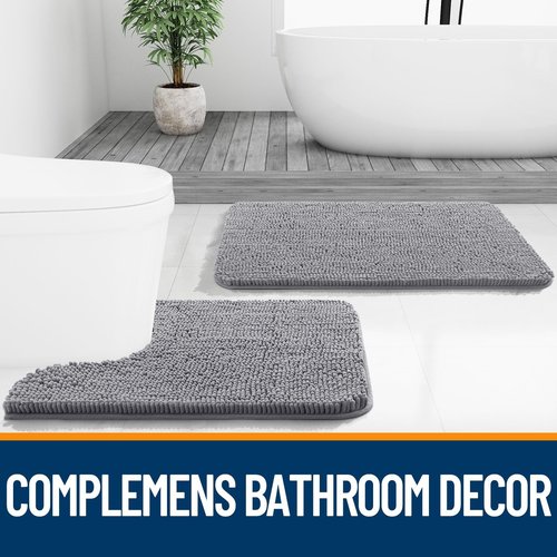 OLANLY Toilet Rugs U-Shaped 24x24, Extra Soft Absorbent Chenille Contour Bathroom Rugs for Toilet, Dry Quickly, Machine Washable, Non-Slip Bath Mat, Grey