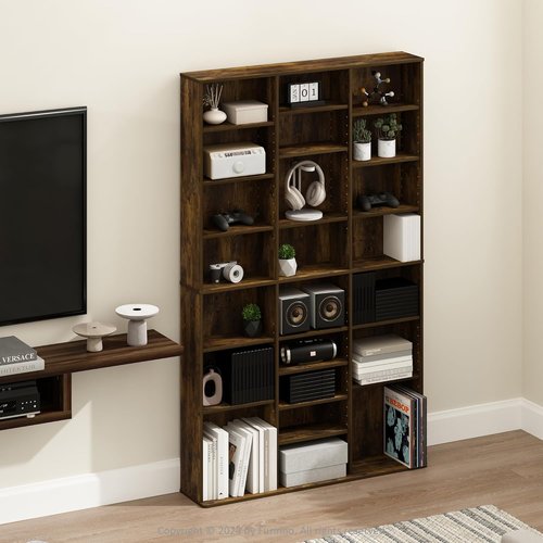 Furinno Jaya DVD Shelf - 24-Shelf Media Rack with Adjustable Shelves | Easy Assembly, Amber Pine