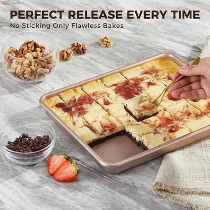 HONGBAKE Non-Stick Toaster Oven Pans - 2 Pack 11 x 9 Inch Heavy-Duty Baking Sheets | Easy to Clean, Gold