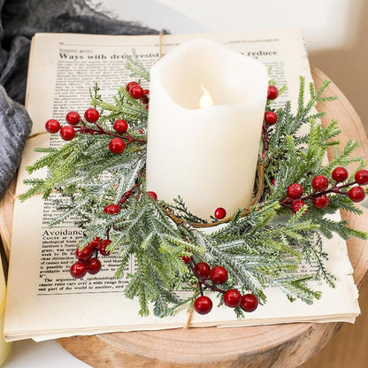 4Pcs Christmas Candle Ring Wreaths with Red Berries and Snowy Pine for Door, Window, Table