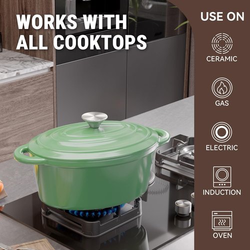 Kerilyn 4.5 QT Enameled Oval Dutch Oven Pot with Lid and Dual Handles, Cast Iron Dutch Oven for Cooking, Bread Baking, Non-stick Enamel Coated Cookware (Light Green)