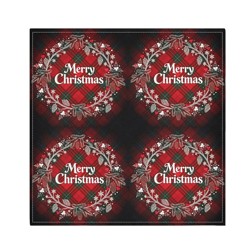 Christmas Monogram Wreath Plaid Cloth Napkins Set of 6, 20 x 20 in, Washable Polyester
