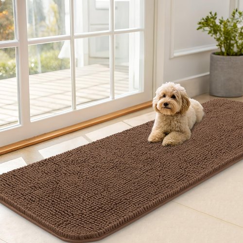 OLANLY Dog Door Mat for Muddy Paws 59x20, Absorbs Moisture and Dirt, Absorbent Non-Slip Washable Doormat, Quick Dry Chenille Mud Mat for Dogs, Entry Indoor Entryway Carpet for Inside Floor, Mocha