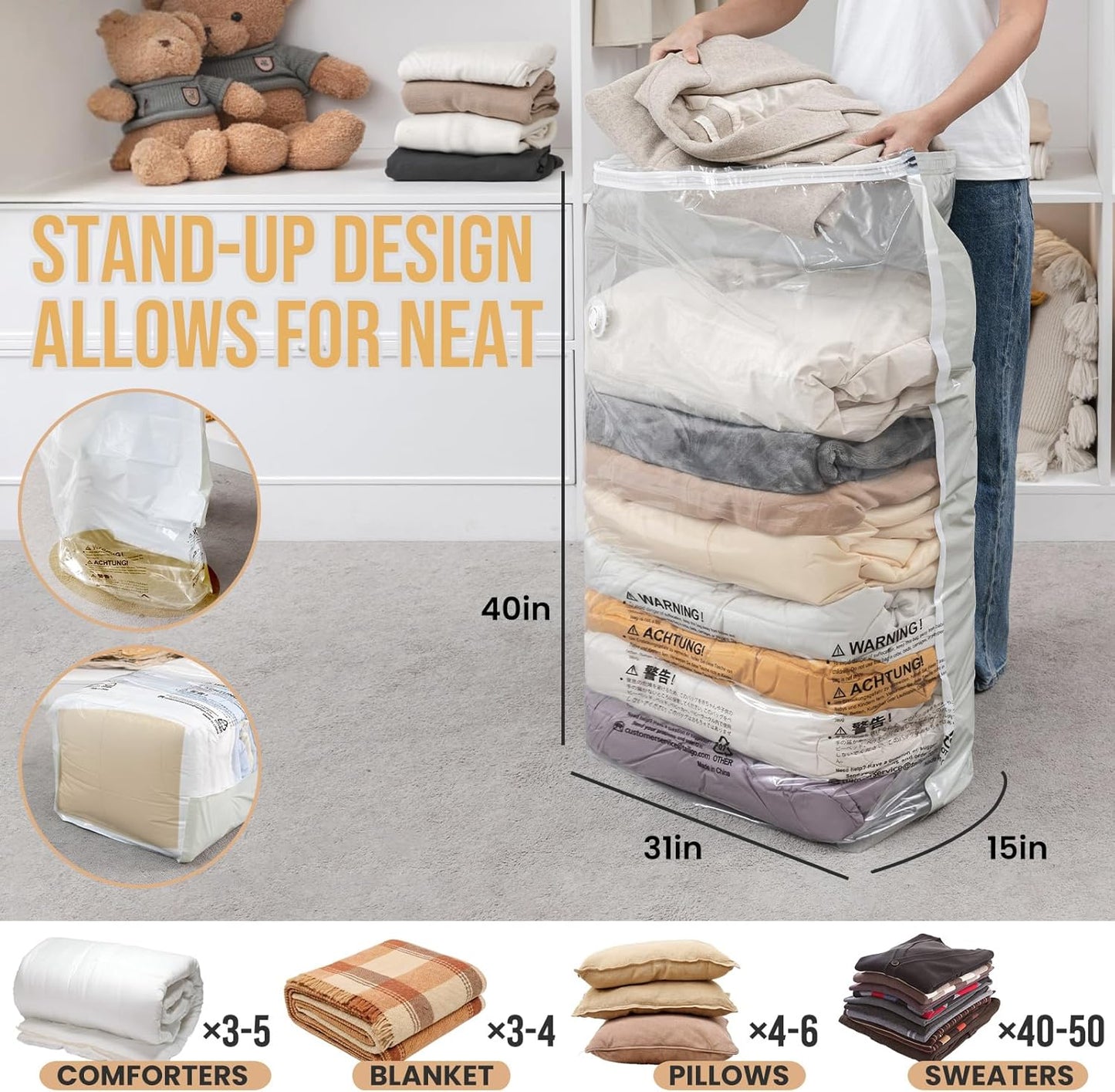 TAILI Jumbo Vacuum Storage Bags - 6 Pack Extra Large Seal Bags for Clothing & Bedding | 31x40x15 Inch, Cream