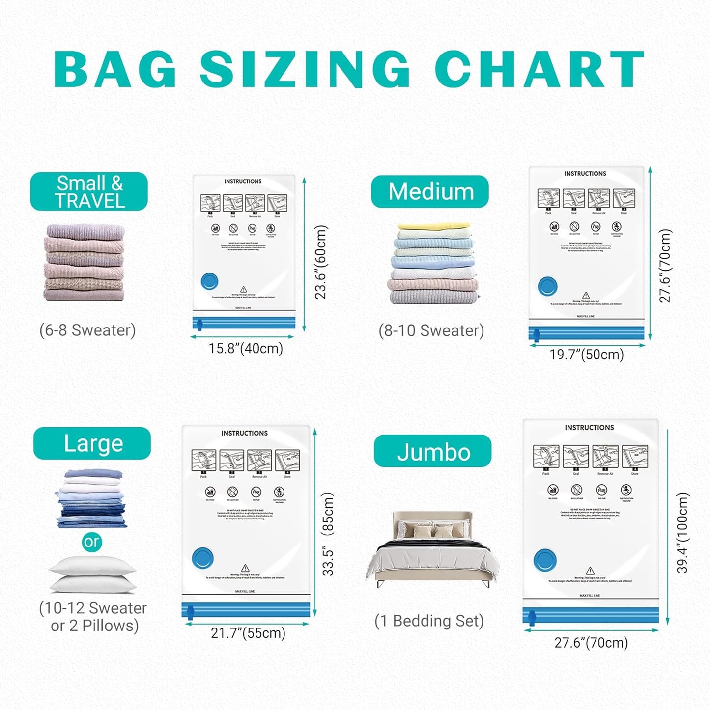 Skiennix Vacuum Seal Bags - 15 Pack Space Saver Storage for Clothing, Blankets & Luggage | Hand Pump Included