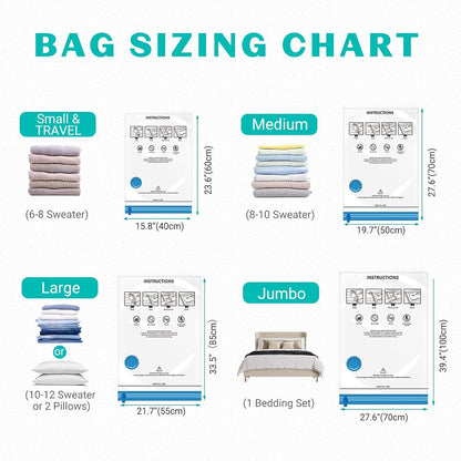 Skiennix Vacuum Seal Bags - 15 Pack Space Saver Storage for Clothing, Blankets & Luggage | Hand Pump Included
