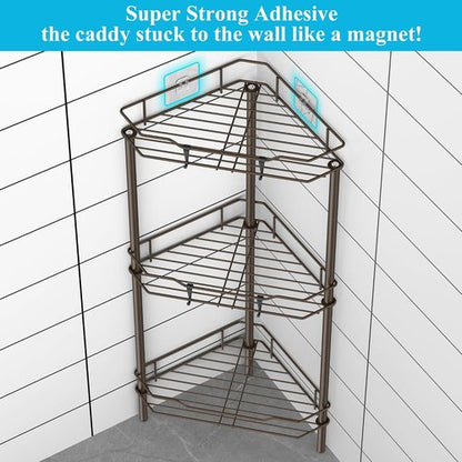 HuggieGems 3-Tier Corner Shower Caddy Organizer - Stylish Bronze Bathroom Shelf with Hooks