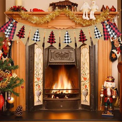 Buffalo Plaid Christmas Burlap Banner Garland with Tassels - 13x18cm Holiday Wall Decor