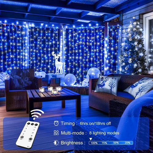 JMEXSUSS 300LED Christmas Curtain Lights - Blue & White Indoor/Outdoor Fairy Lights | 8 Modes, 9.8x9.8ft Decor