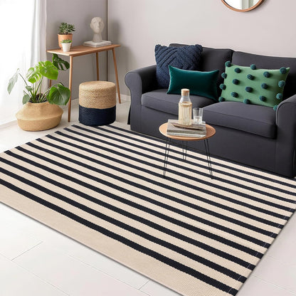 OLANLY Striped Rug - Washable Beige and Black Cotton Doormat | 4' x 6' for Indoor & Outdoor Use