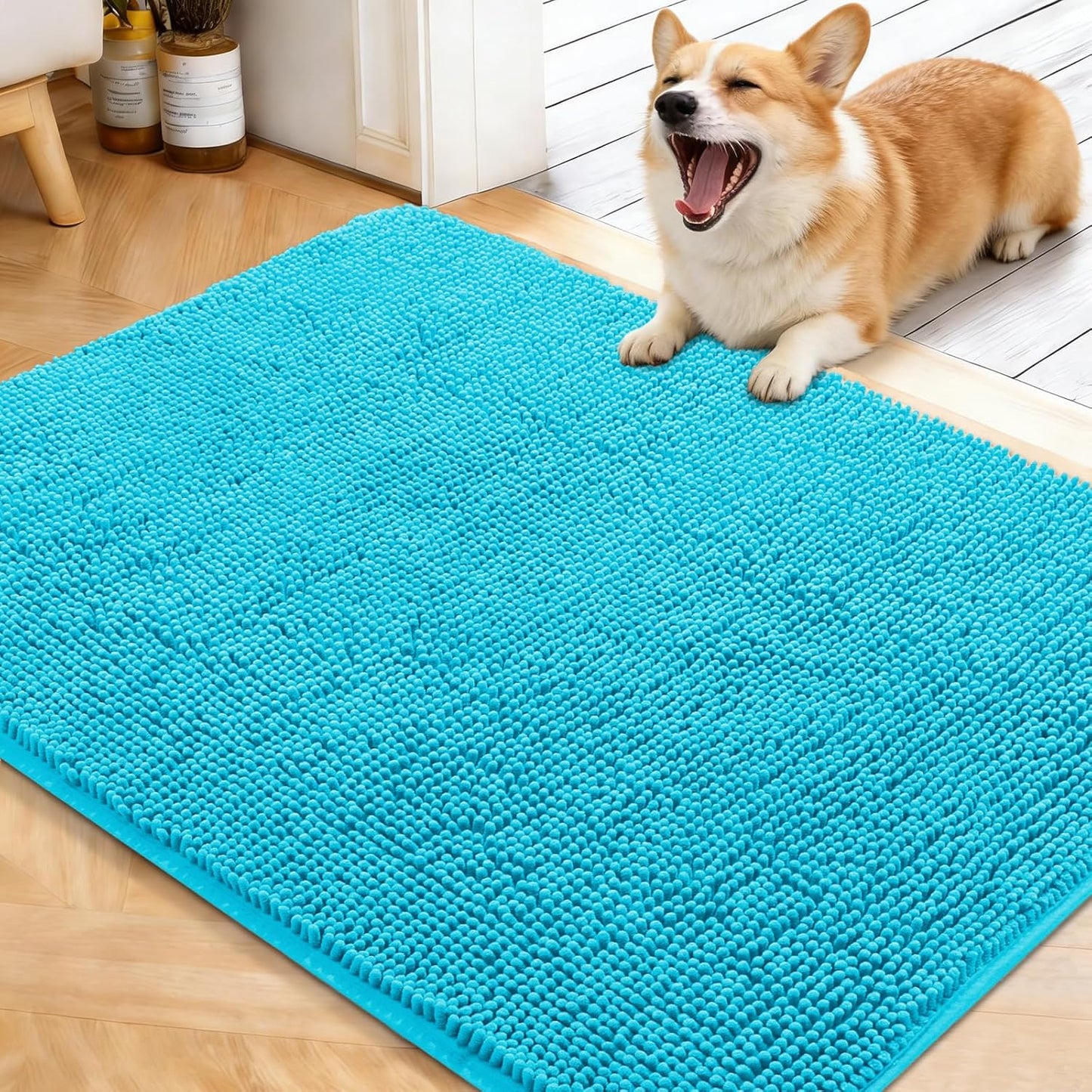 OLANLY Dog Door Mat - Absorbent Non-Slip Washable Doormat for Muddy Paws | Aqua Blue, 40x32 Inches