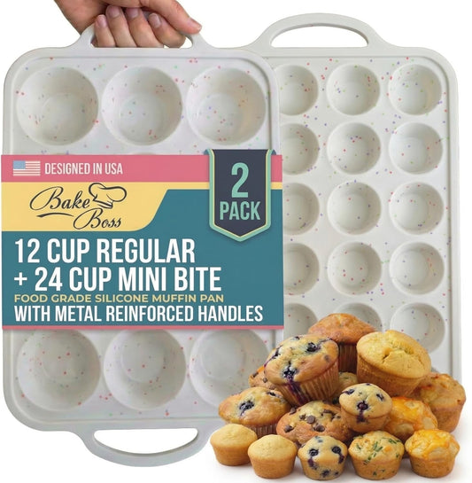 Skiennix Silicone Muffin Pan Set - Nonstick 12-Cup & 24-Cup Mini Pans | BPA-Free, Dishwasher-Safe, Cream