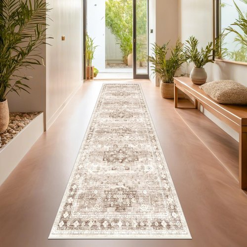 Hazo Haus Non Slip Hallway Runner Rug - 2 x 10 Runner Rug, Washable & Waterproof Kitchen Floor Mat - Extra Long Neutral Farmhouse Boho Design Décor (2x10 Beige/Latte)