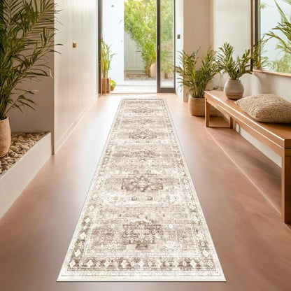 Hazo Haus Non Slip Hallway Runner Rug - 2 x 10 Runner Rug, Washable & Waterproof Kitchen Floor Mat - Extra Long Neutral Farmhouse Boho Design Décor (2x10 Beige/Latte)