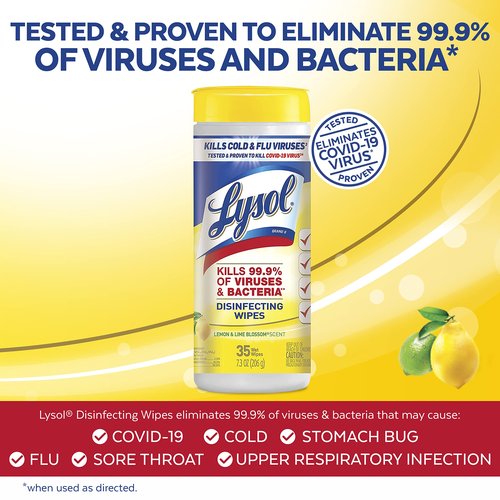 Lysol Disinfectant Wipes, Multi-Surface Antibacterial Cleaning Wipes, Dorm Room Essentials For Disinfecting and Cleaning, Lemon and Lime Blossom, 35 Count (Pack of 3)
