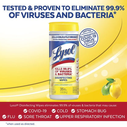 Lysol Disinfectant Wipes, Multi-Surface Antibacterial Cleaning Wipes, Dorm Room Essentials For Disinfecting and Cleaning, Lemon and Lime Blossom, 35 Count (Pack of 3)