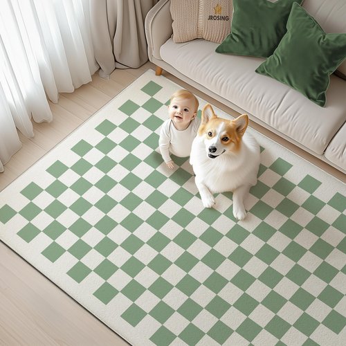 JROSING Washable Checkered Rug, 4x6 Sage Green Checkerboard Modern Boho Foldable Large Area Rugs for Living Room, Low Pile Ultra-thin Non-slip Indoor Doormat Carpet for Office Bedroom Playroom Kitchen