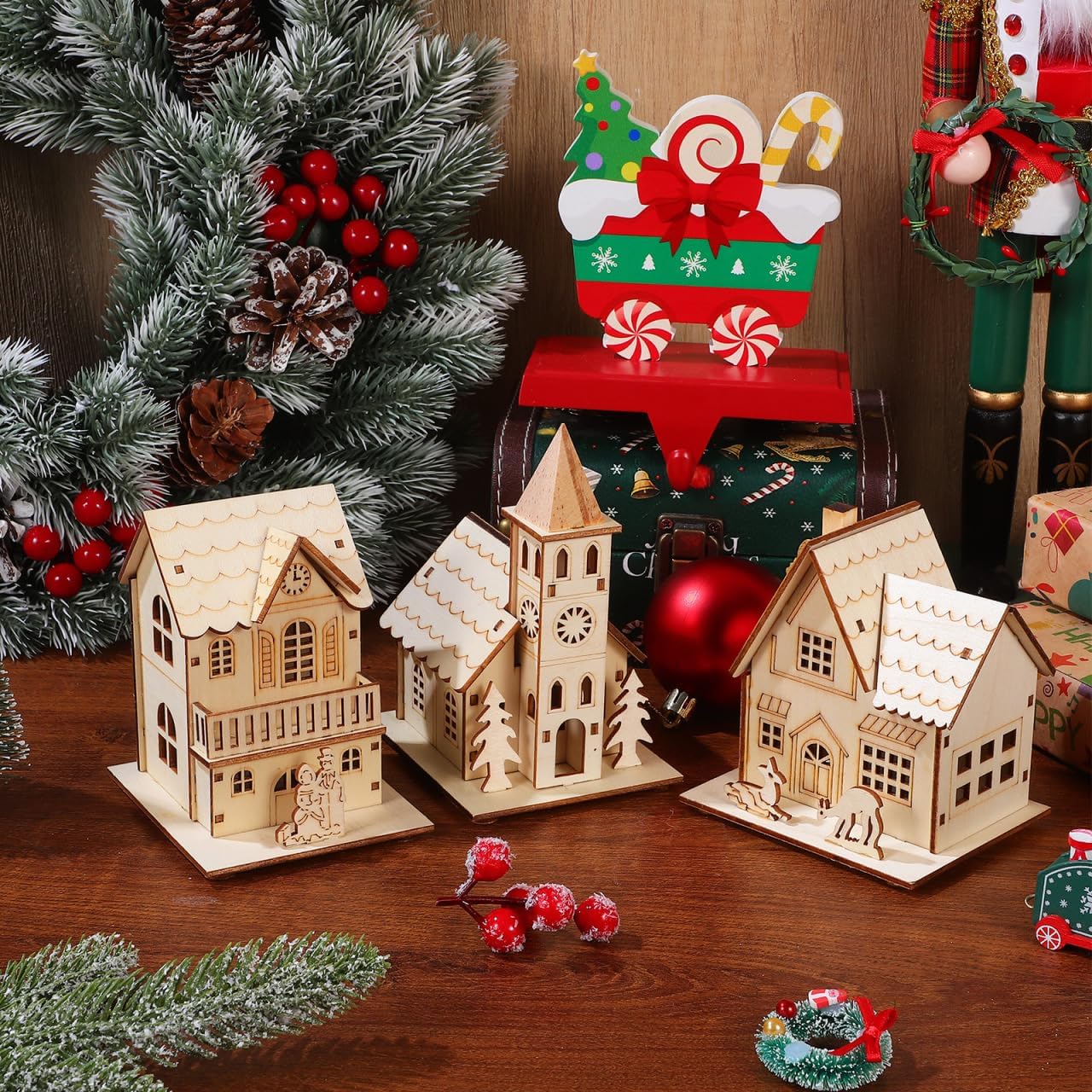 BESPORTBLE Wooden Christmas Village Houses Set - LED Mini Houses for Rustic Holiday Decor | 2025 Tabletop Accent