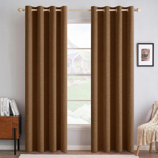 MIULEE 100% Blackout Linen Curtains - Thermal Insulated Brown Grommet Drapes | 52 x 72 Inch (2 Panels)