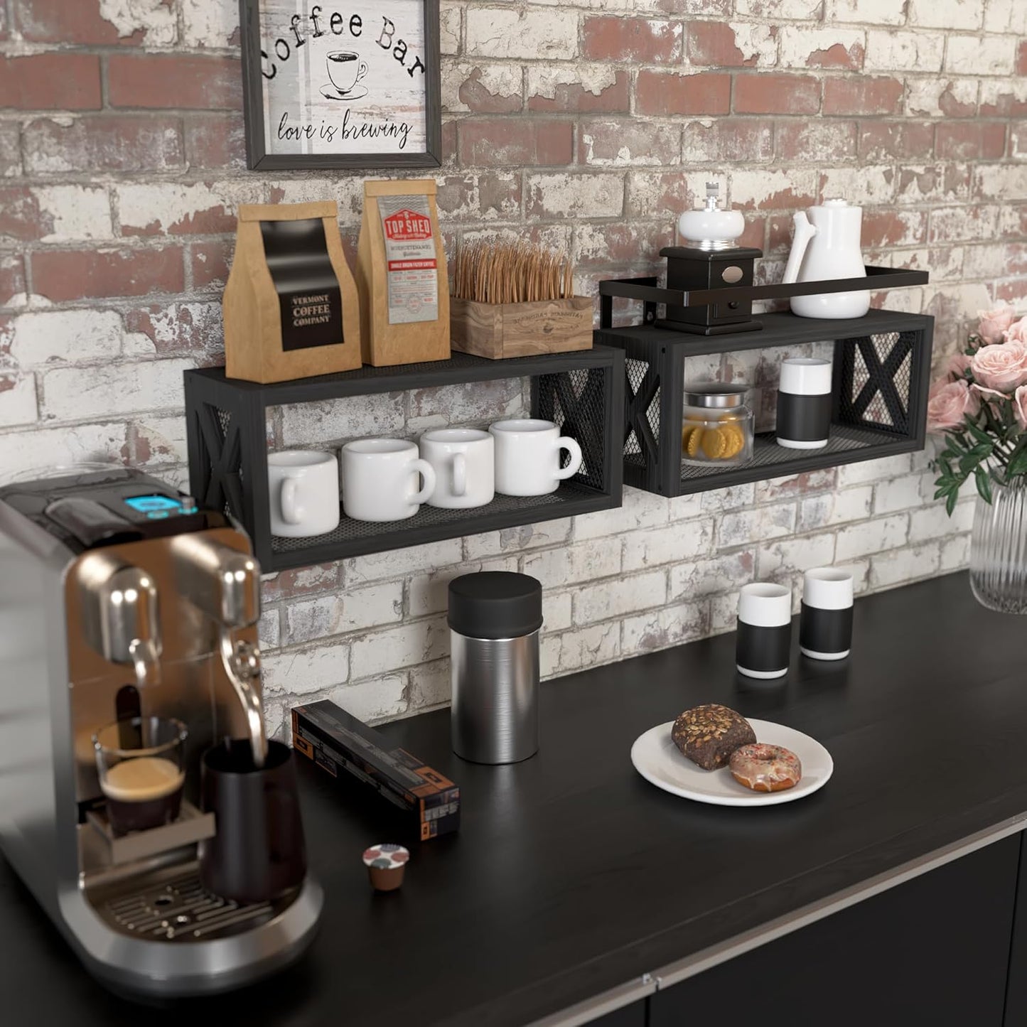 RICHER HOUSE Floating Shelves - Rustic Wood Wall Décor with Guardrail for Bathroom & Kitchen - Black