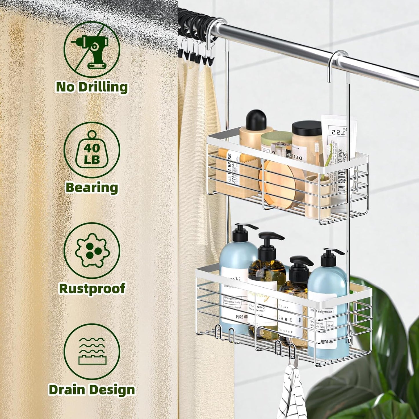 YUOROS Shower Caddy - 2-Tier Over the Door Organizer Rack | Rustproof 304 Stainless Steel, Silver Finish