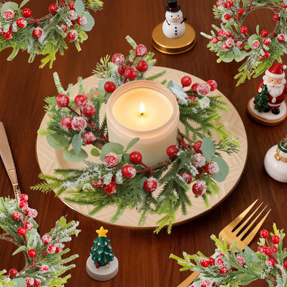 Regine Switzerland Christmas Candle Rings - Mini Wreaths with Red Berries | 2.76-Inch Snowy Pine Garland for Festive Table Centerpieces
