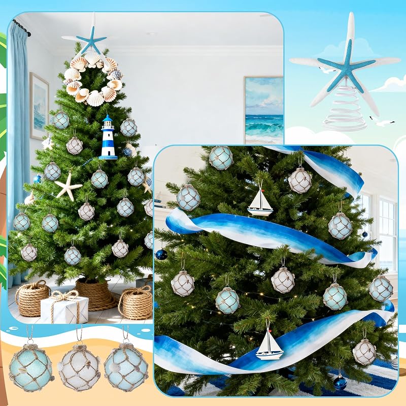 Coastal Christmas Tree Topper with 12 Glass Ornaments – Starfish & Seashell Beach Decor